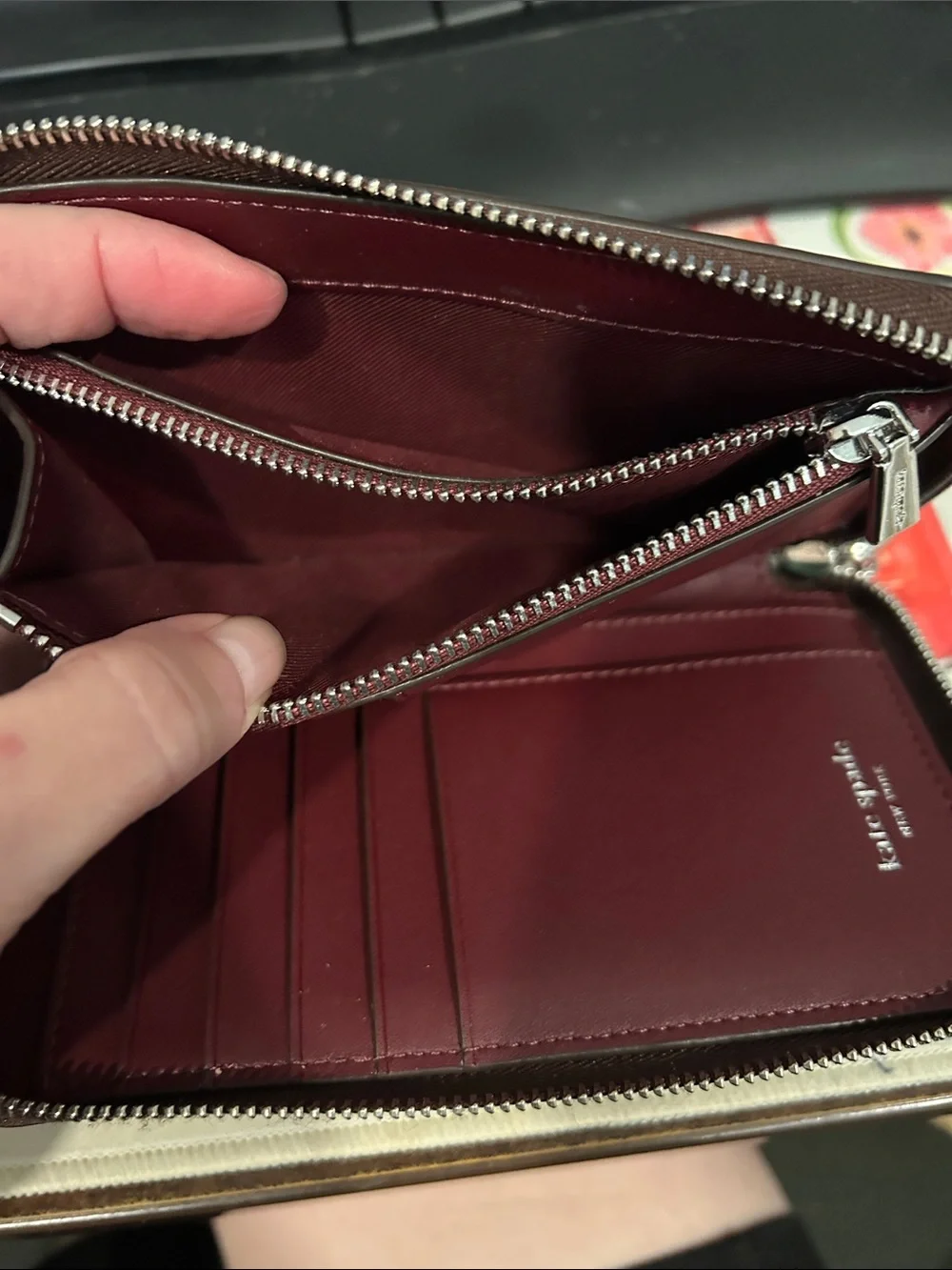 Kate Spade Halo glazed leather wallet in hot fudge with tags